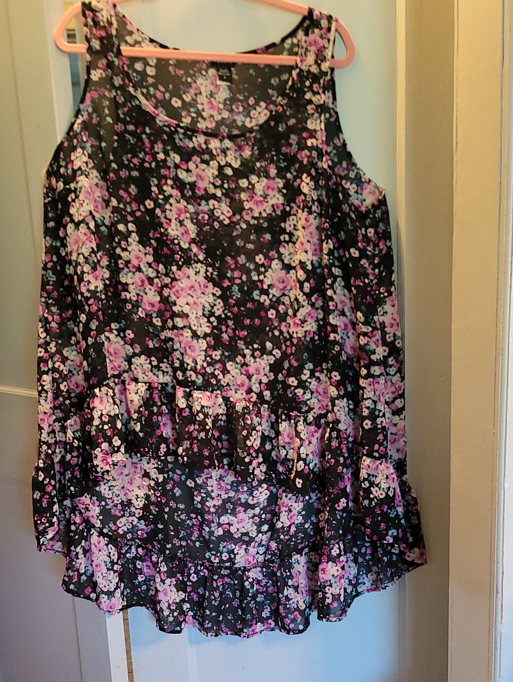 torrid Black Floral Ruffled Tunic with Pink and Purple Blooms